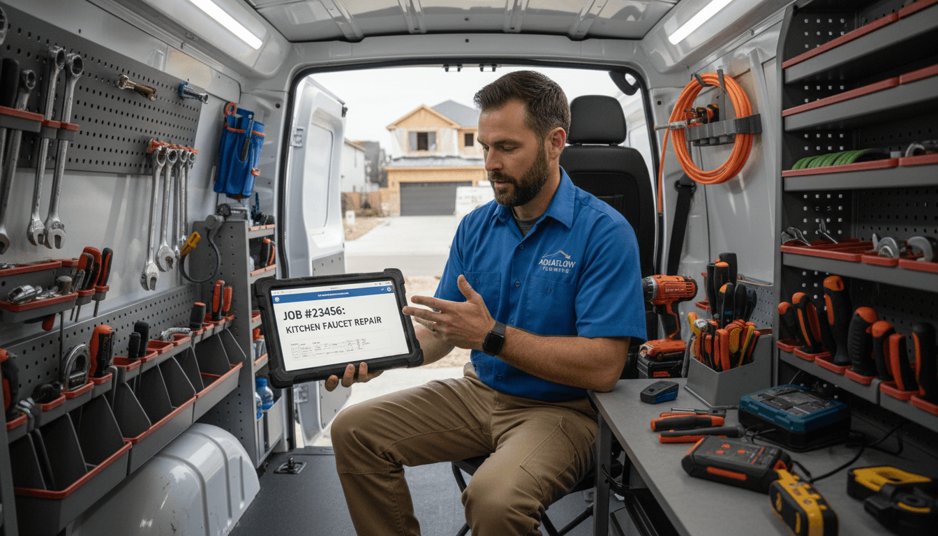 Plumber checking job schedule on a tablet inside a service van
