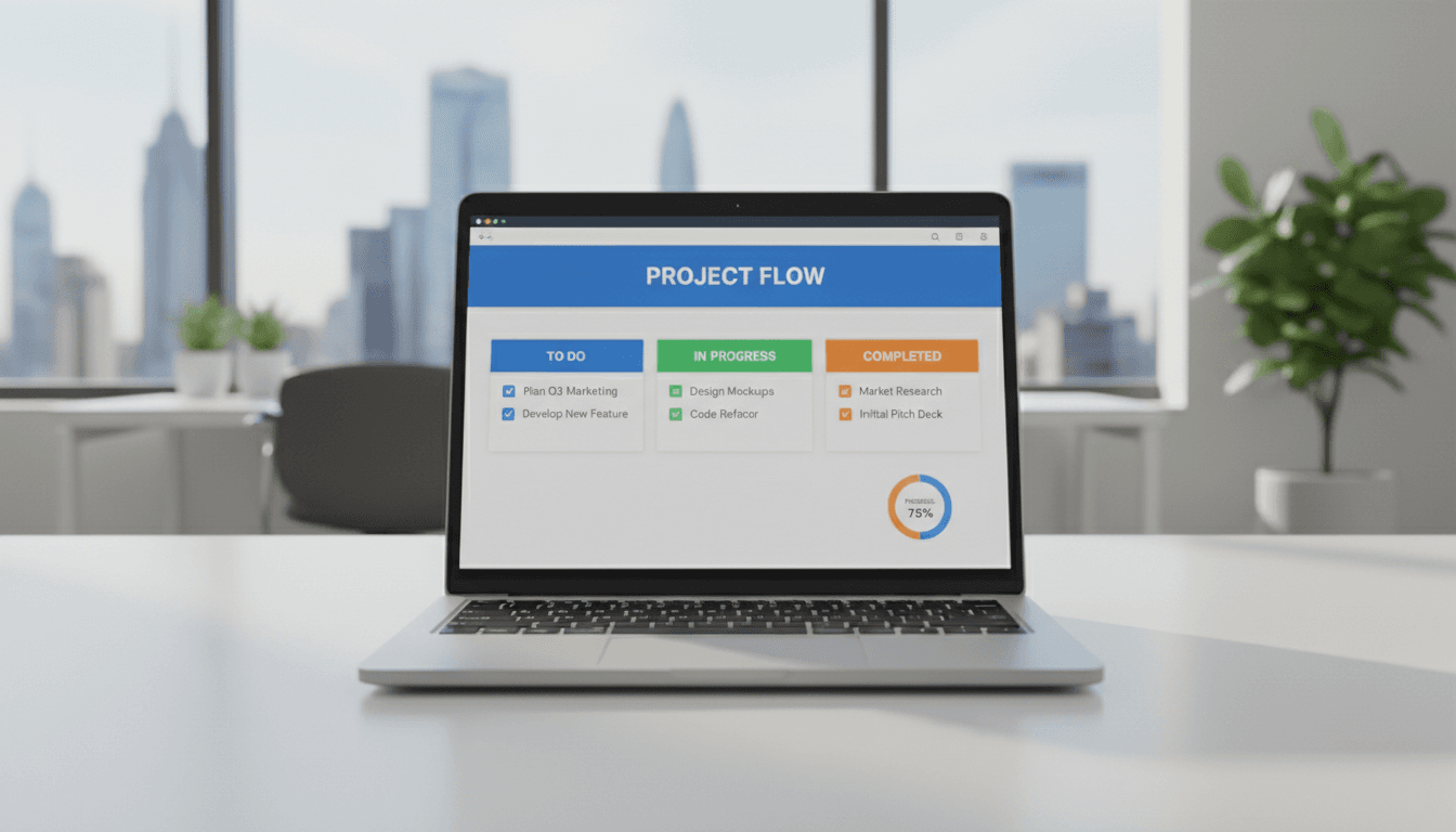 Job management dashboard on laptop screen in modern office