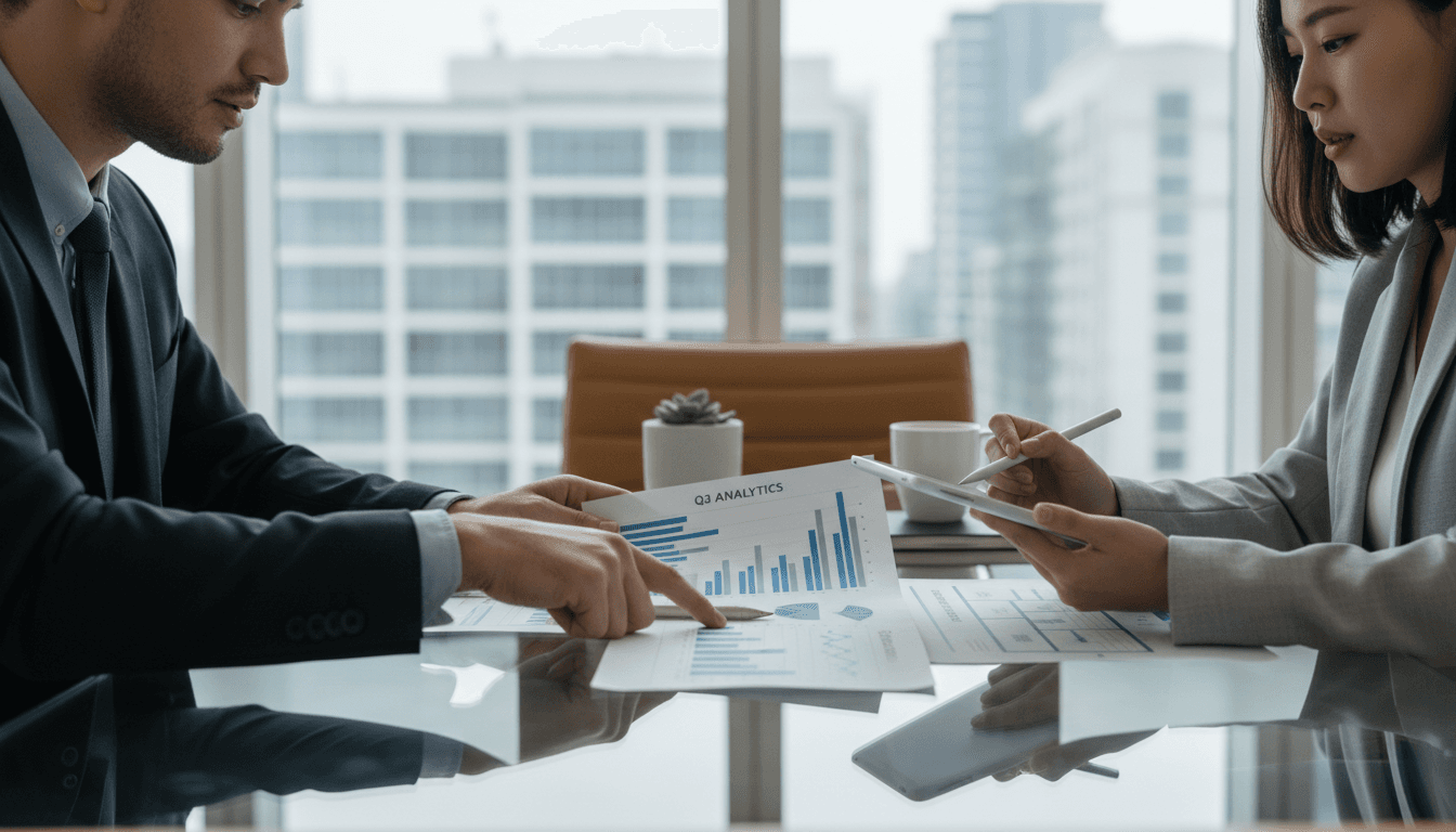 Professional consultant reviewing business documents with a client at a modern office desk