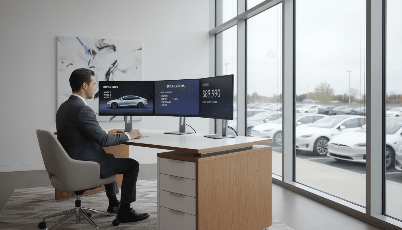 Dealership staff reviewing inventory dashboard on a monitor