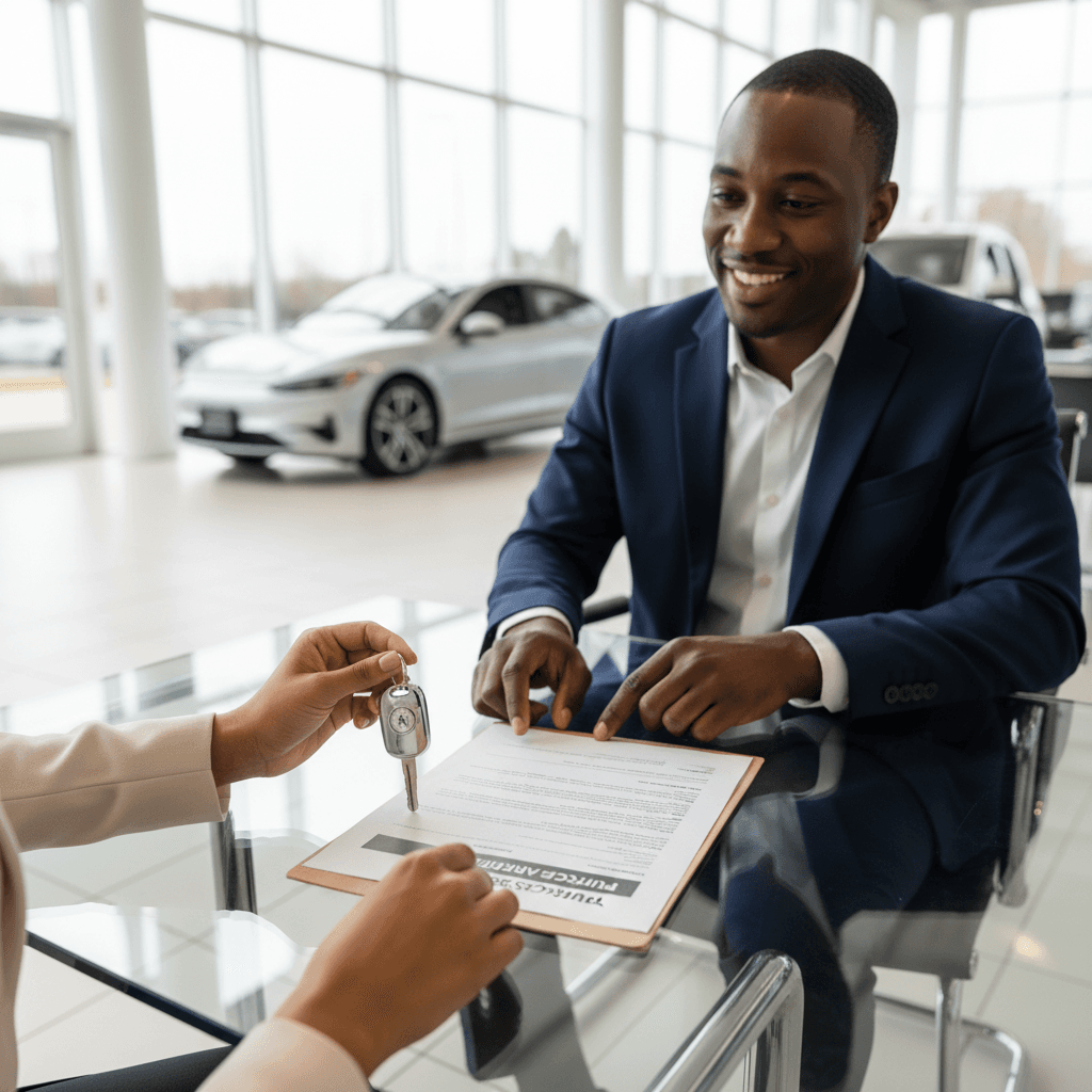Service advisor handing keys at a dealership counter