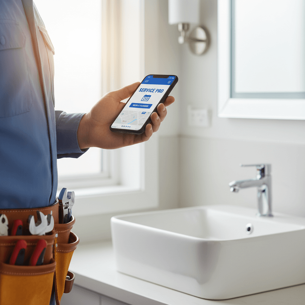 Plumber in a service van reviewing a tablet with a job scheduling app