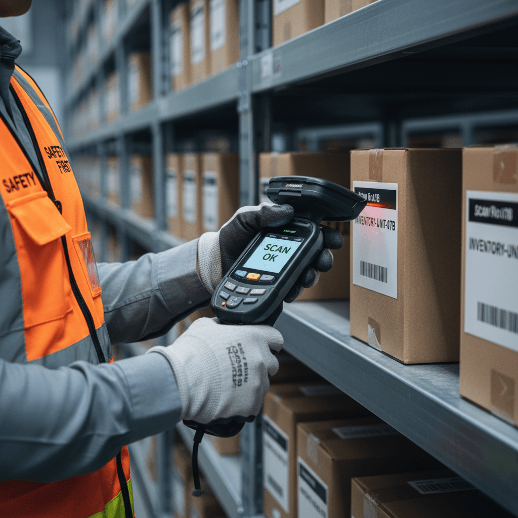 Warehouse parts inventory with worker scanning barcode
